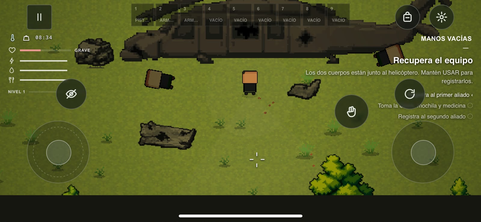 El juego corriendo en un teléfono en horizontal con los controles táctiles.