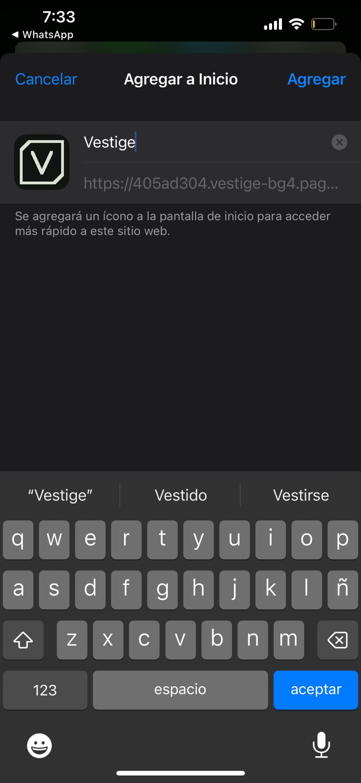 Diálogo Agregar a Inicio mostrando el icono de Vestige y el botón Agregar.